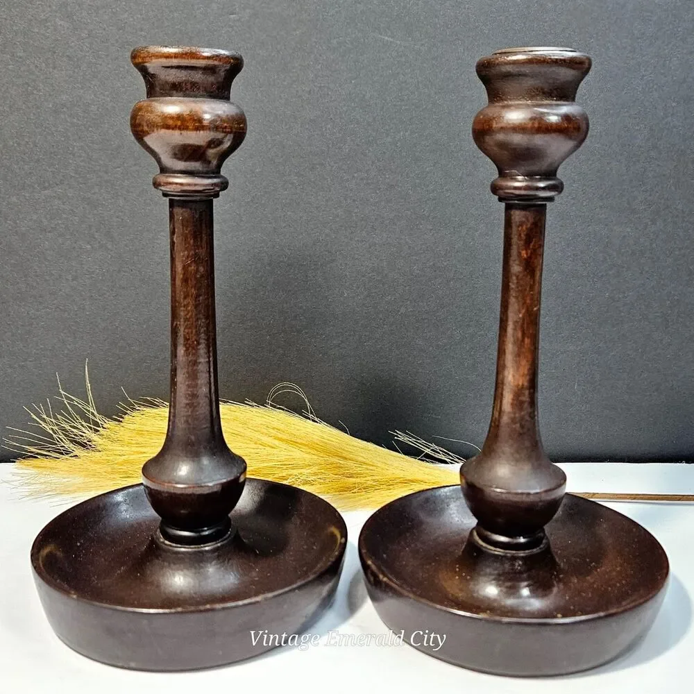 Vtg Candle Holders Turned Wood Set of 2 Brass Inserts Felted Base 9 inch READ